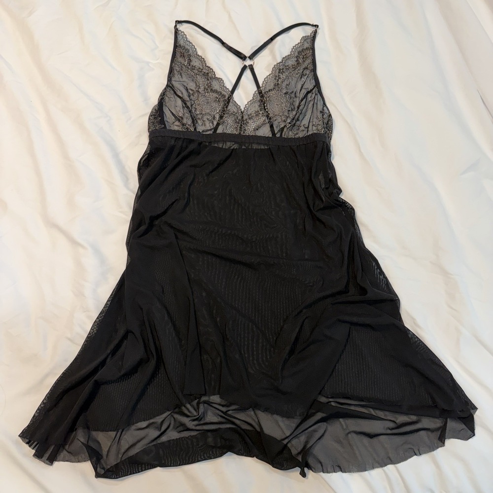 Hanky Panky Black Lace Mesh Babydoll Chemise Nightgown Lingerie Size M